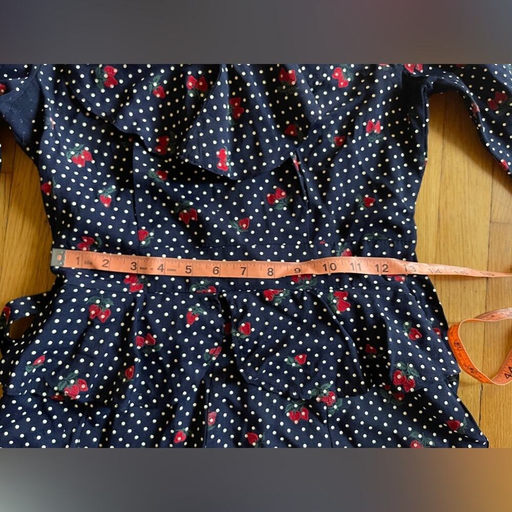 70s Vintage Straberry And Swiss Dot Long Sleeve Prairie Dress with Peplum Waist - Picture 6 of 12